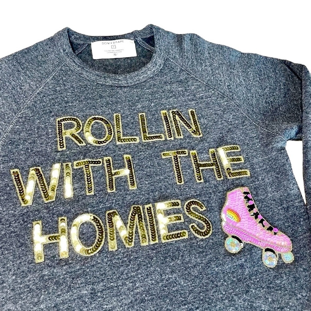 Bow & Drape Rollin With the Homies Sweatshirt S Gray Sequin Clueless - Picture 2 of 6